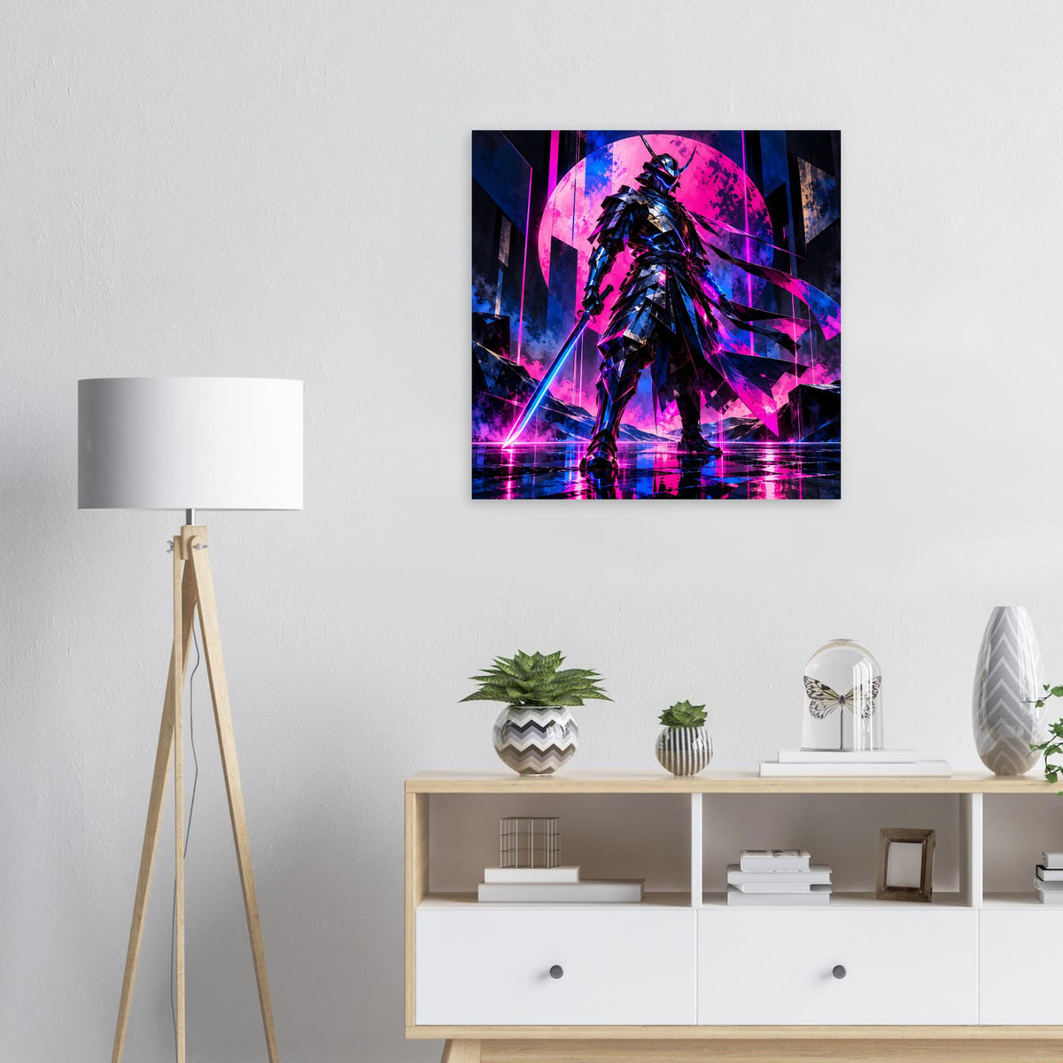 Cyberpunk-Poster mit Samurai-Krieger in Schwarz, Neon-Pink und Blau, rundem Portal