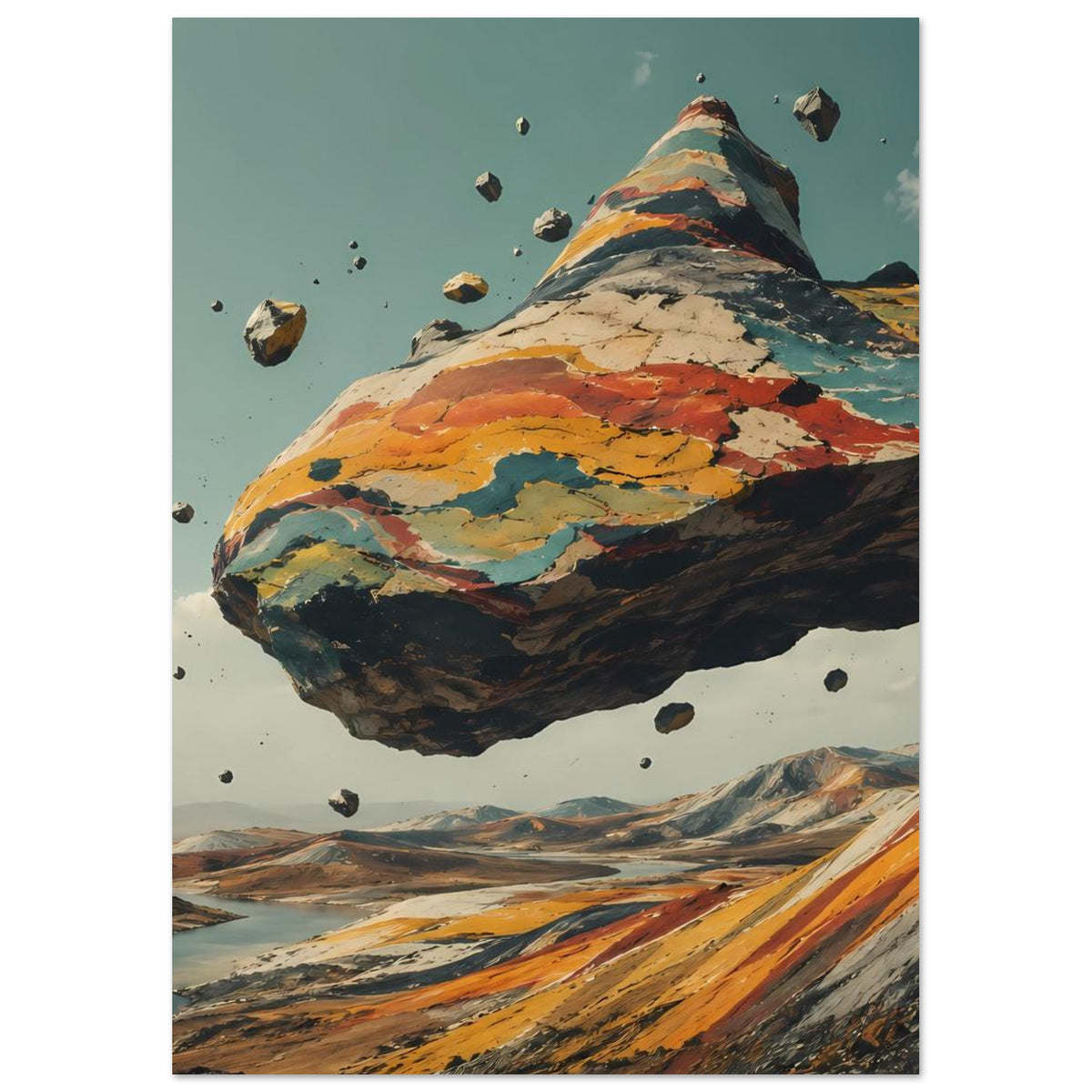 Poster mit schwebendem Felsberg in Orange, Blau und Braun, vertikal
