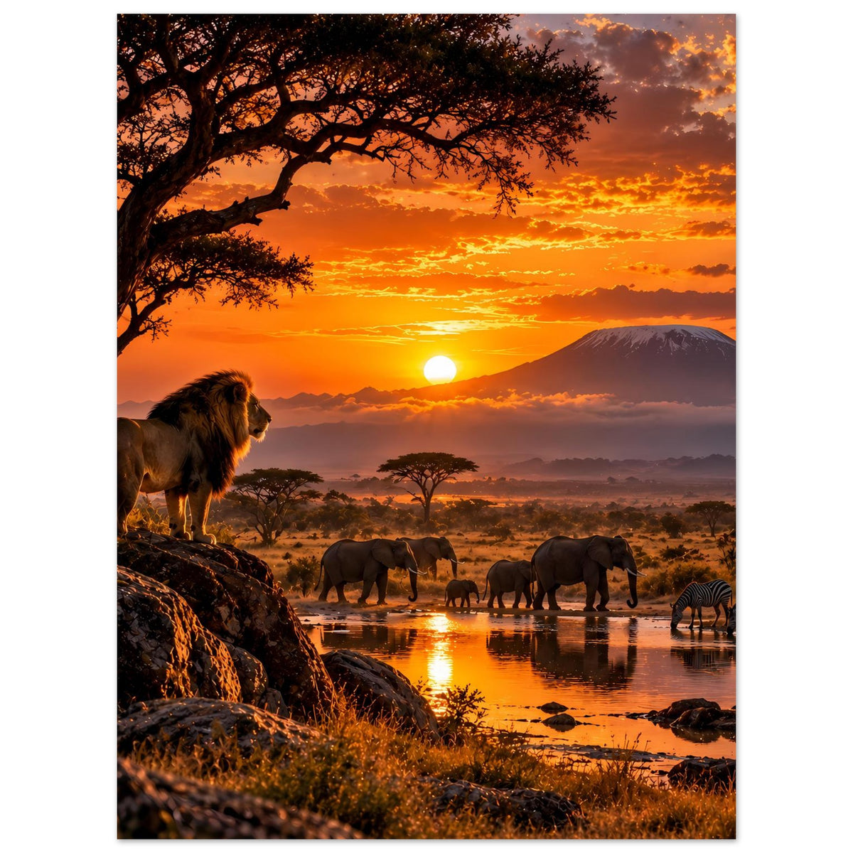 Afrika-Safari-Sonnenuntergangs-Poster, Hochformat: Löwe links, Elefanten am Wasser, Zebras rechts