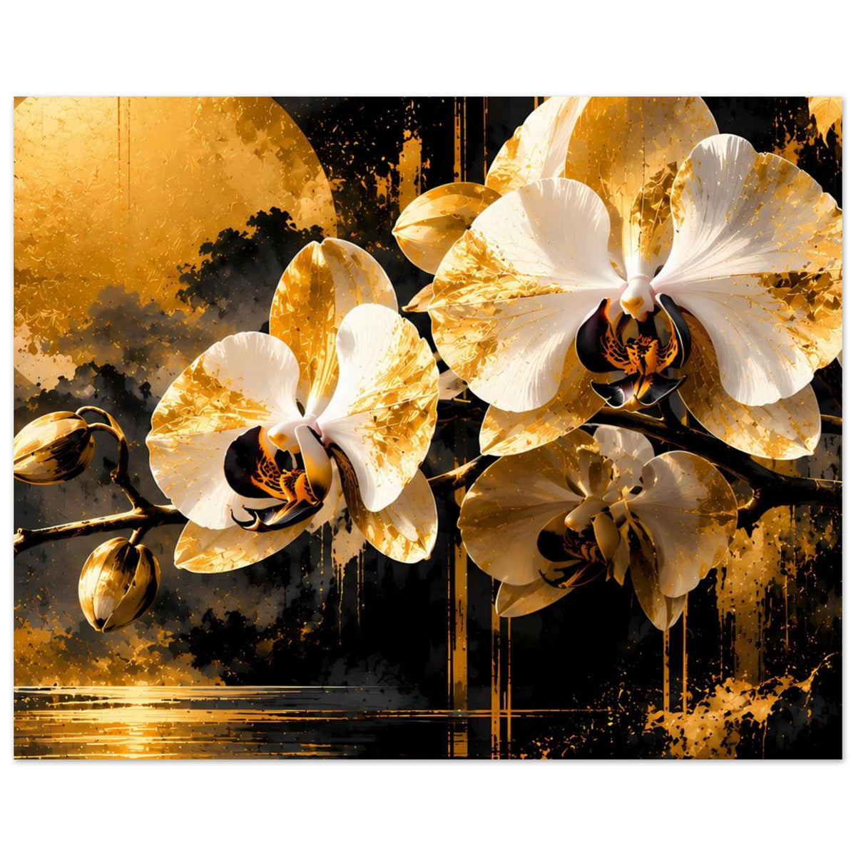 Poster mit Orchideenarrangement: goldene Kreise, weiße Blüten, schwarze Sprenkel