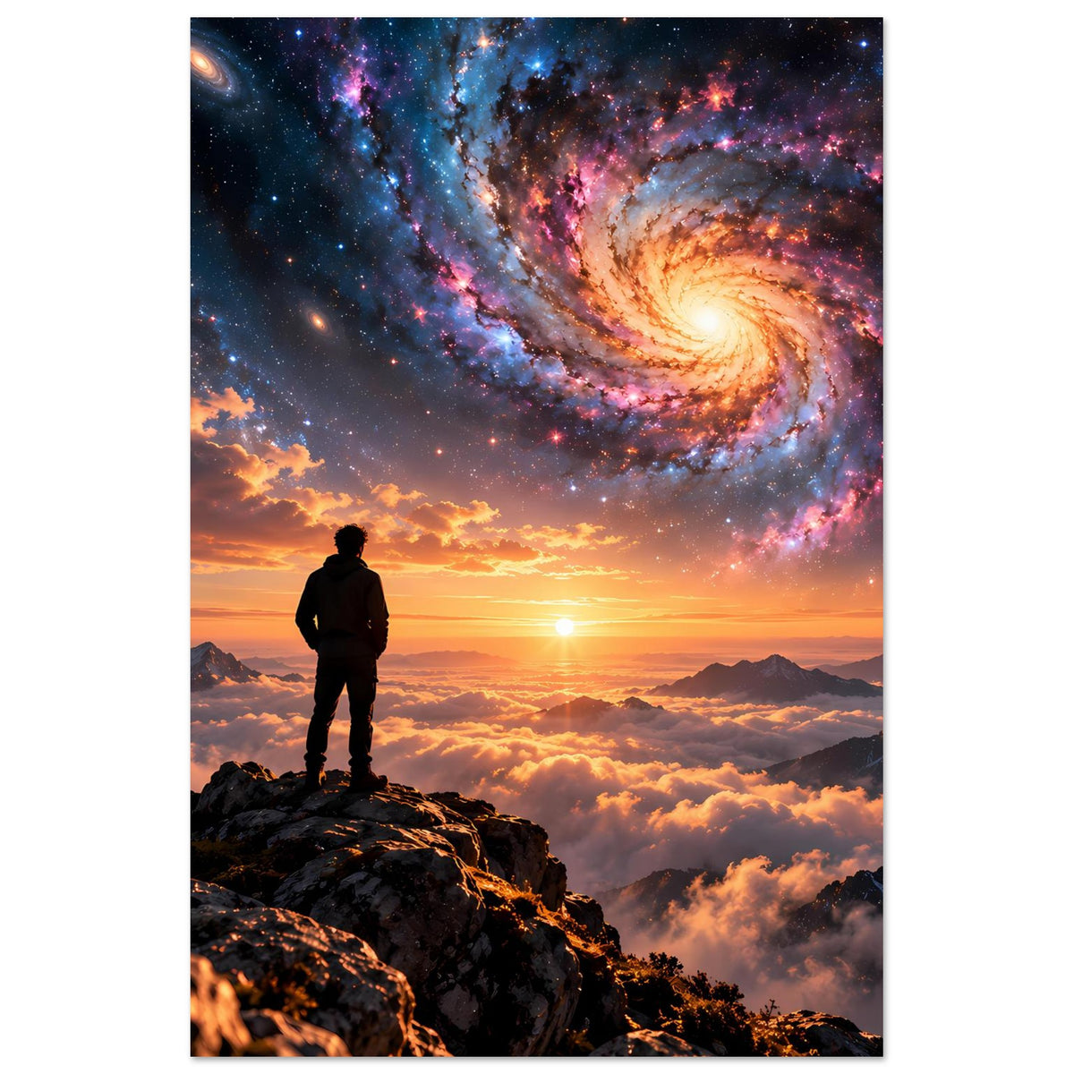 Vertikales Poster mit Spiralgalaxie, Silhouette auf Bergfelsen und Sonne über Wolken