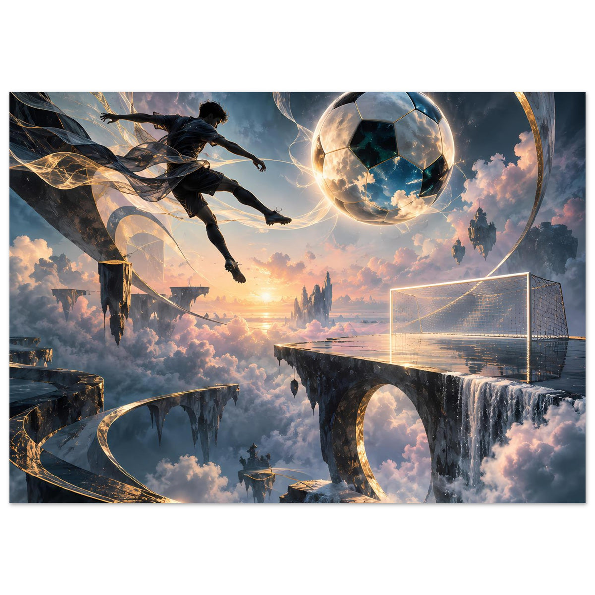Fußballposter: springender Spieler vor Tor, schwebender Ball und futuristische Skyline mit goldenen Akzenten