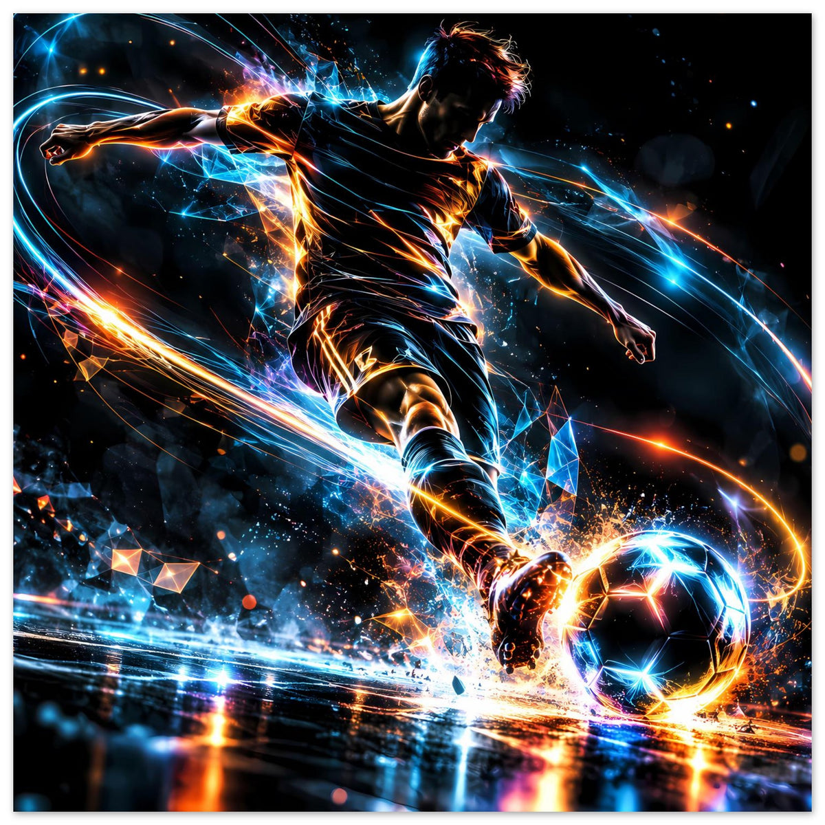 Fußball-Actionposter mit Fußballer im Neon-Licht, Energielinien in Blau und Orange