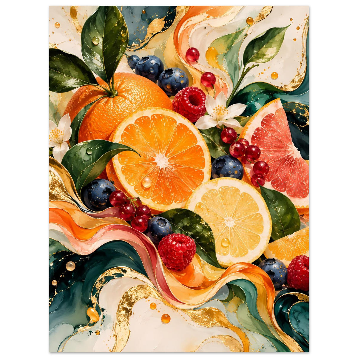 Rechteckiges Poster: Orangen- und Zitronenscheiben mit Beeren, Blättern und geschwungenen Farbbändern