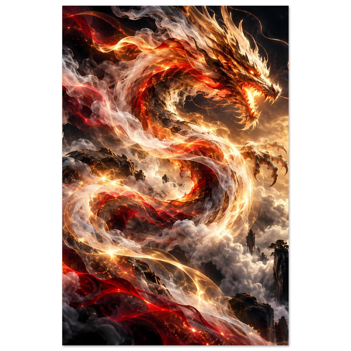 Fantasy-Poster mit feurigem Drachen in Rot und Gold, Flammenwirbel und Rauch