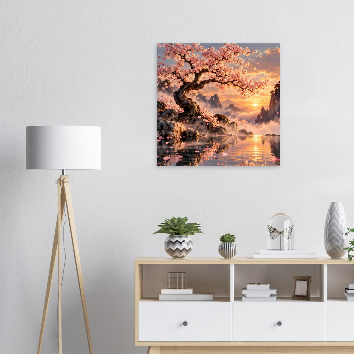 Quadratisches Poster mit blühendem Kirschbaum, Sonnenuntergang und Spiegelung im Wasser