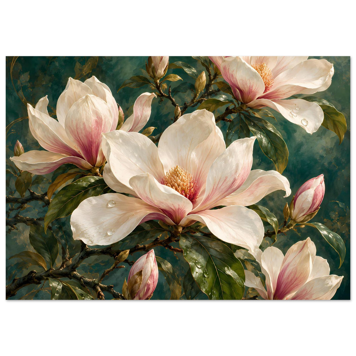 Magnolien-Blumenposter in Creme und Rosa, mit Blüten und Knospen auf grünem Zweig.