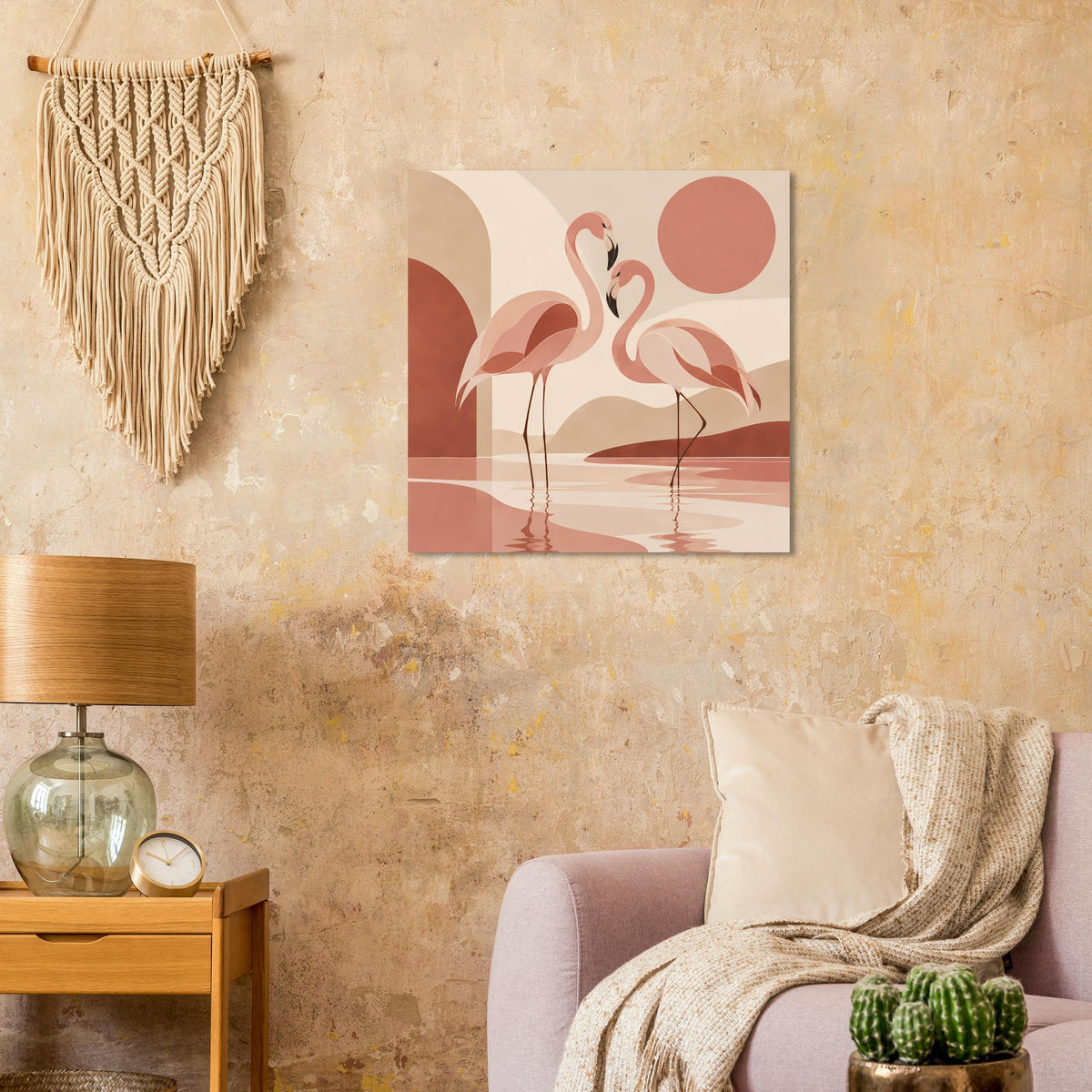 Quadratisches Naturposter mit Flamingos und Sonnenuntergangs-Motiv in warmen Pastellfarben