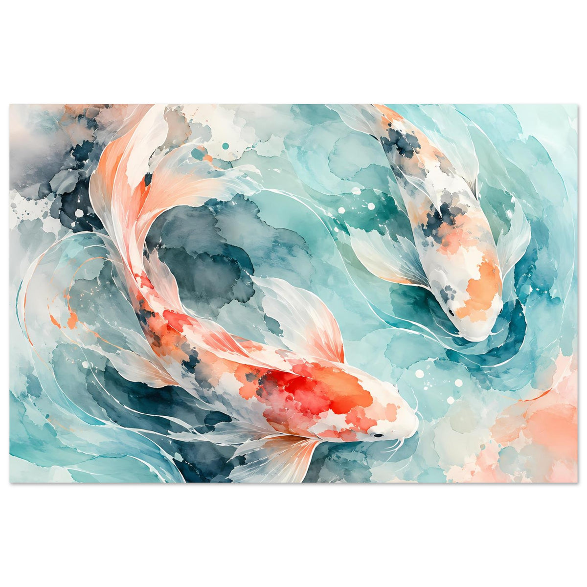 Koi-Fisch-Poster, horizontal: Aquarell-Koi in Blau, Weiß und orangefarben