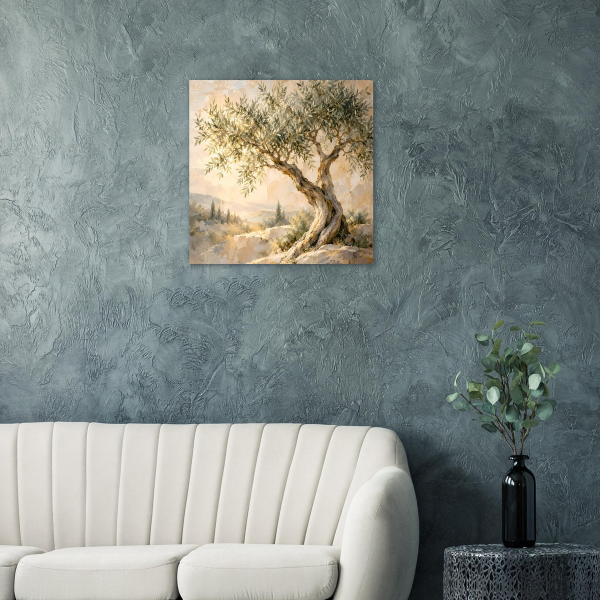 Quadratisches Poster mit mediterranem Olivenbaum und fließenden Pastellhintergründen