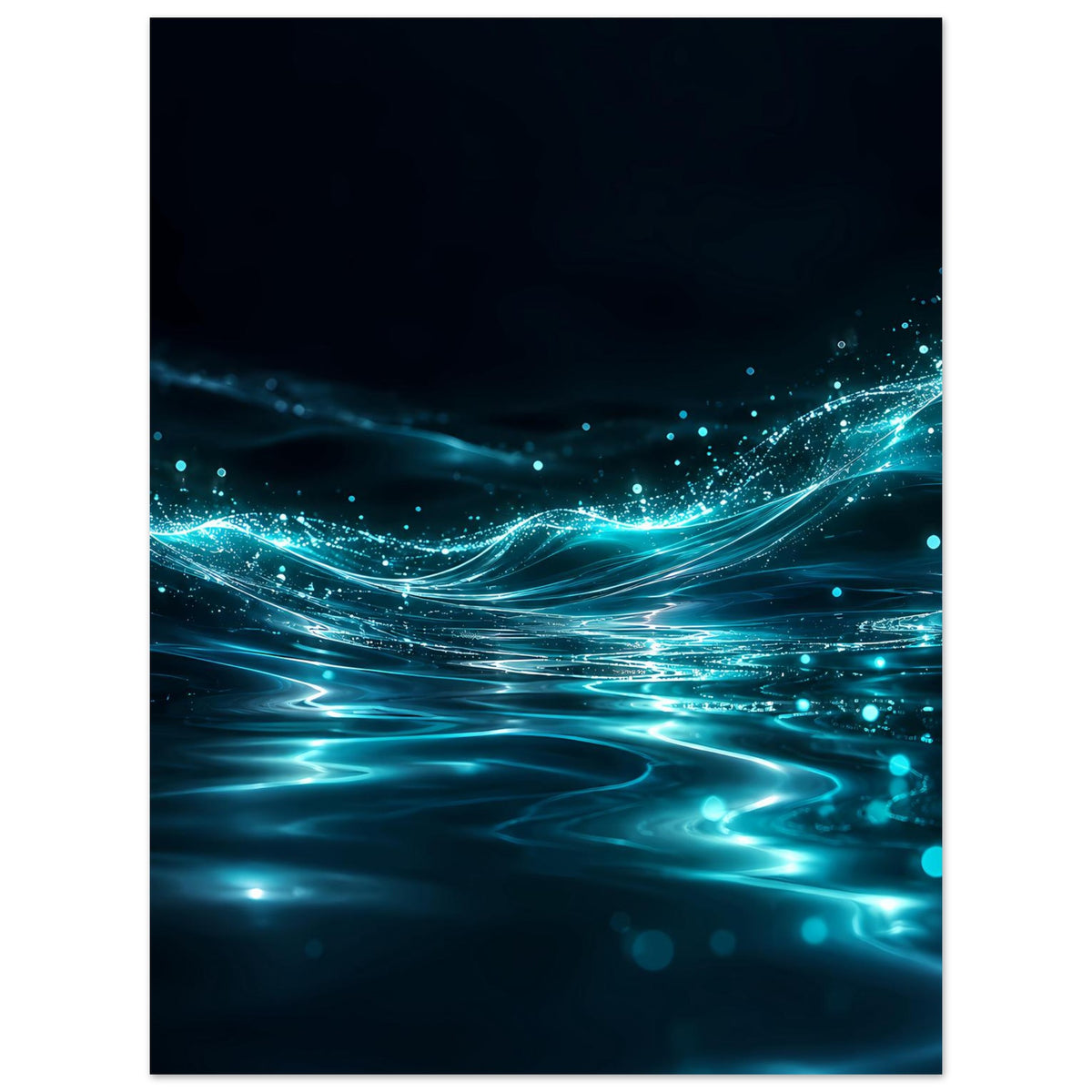 Abstraktes Poster im Hochformat: schimmernde Teal-Wellen, helle Punkte und Lichtbahnen