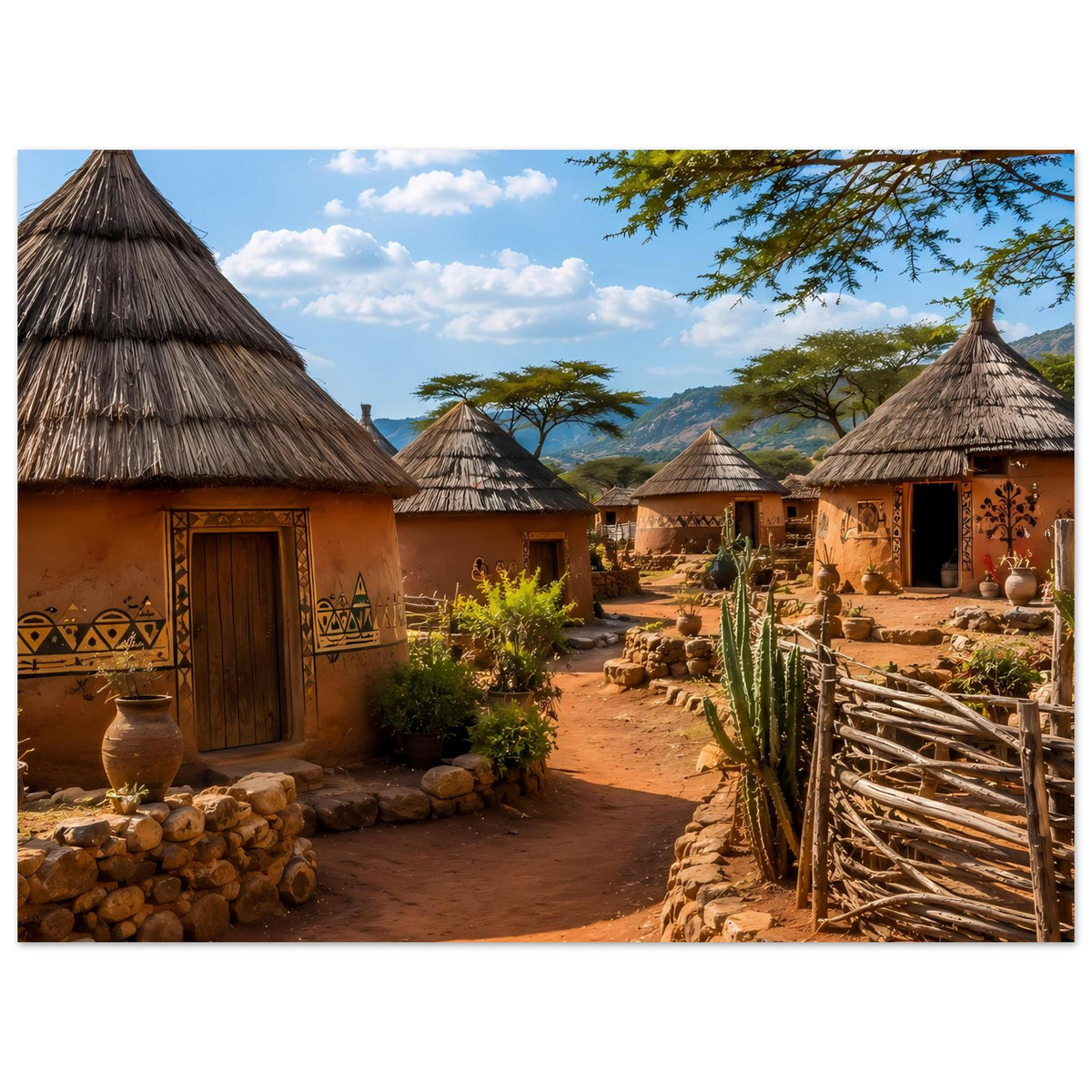 Wandposter: afrikanisches Dorfpanorama mit Strohdächern, Lehmwand und Zaun