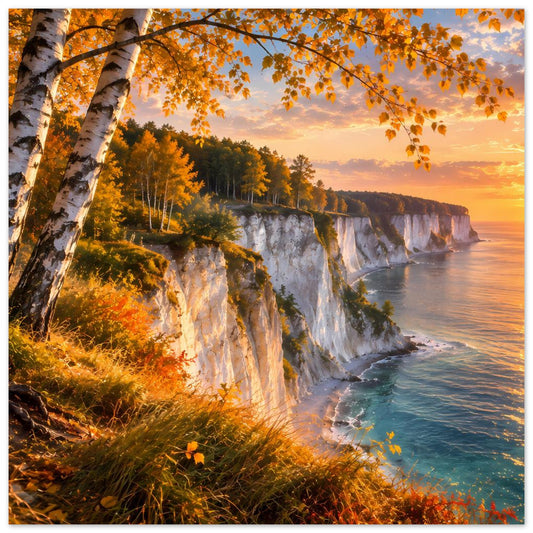 Küstenposter mit steilen Kreidefelsen, Herbstlaub und Birkenstämmen am Meer