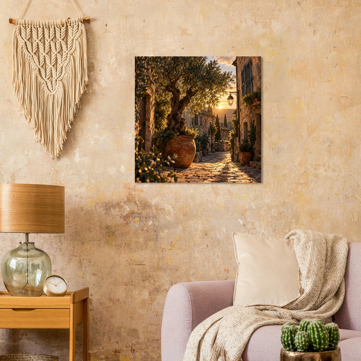 Quadratisches Sonnenuntergangs-Poster mit mediterraner Gasse, warmem Licht und Tontopf