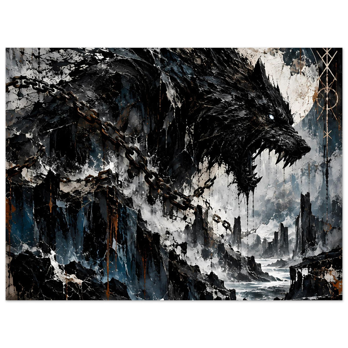Dunkles Wolfs-Poster mit Kettenkonstruktion und Ruinenmeer, schwarz-blau-grau