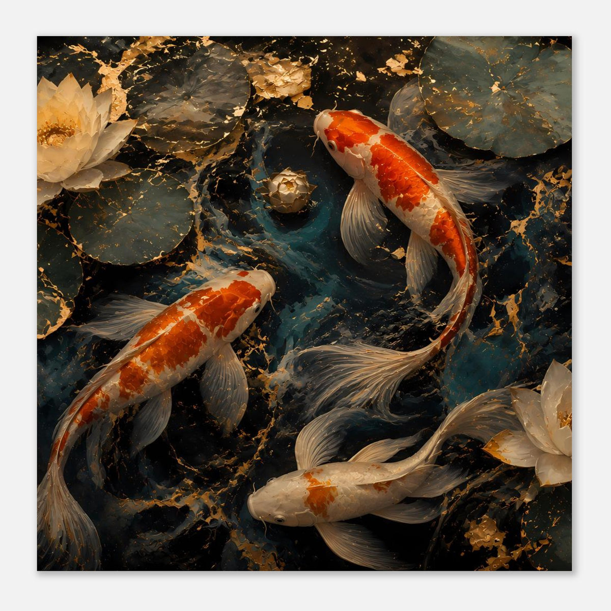 Quadratisches Poster mit Koi-Teichmotiv, orange-weiße Fische im dunklen Wasser
