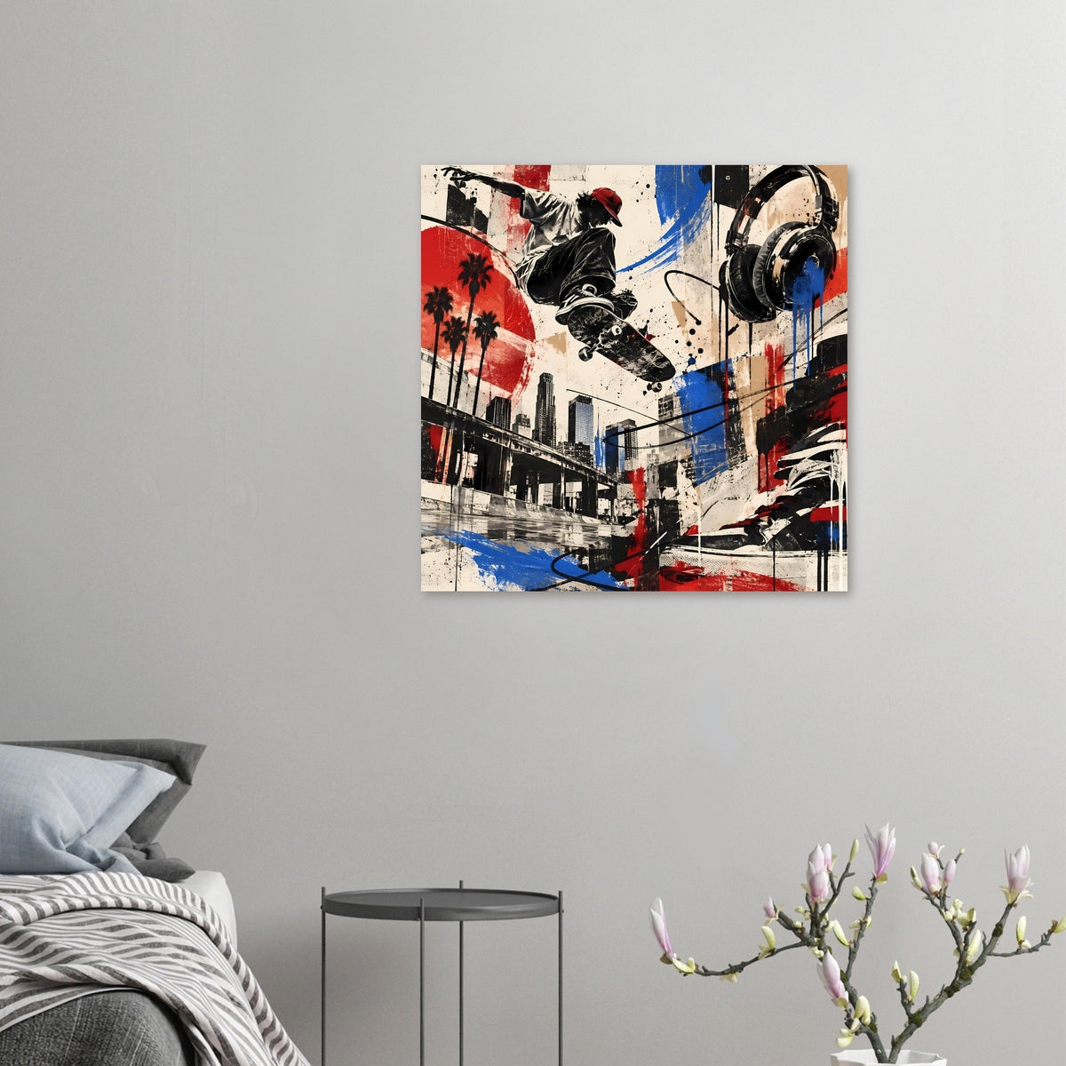 Kleines Urban-Skate-Poster im Querformat an der Wand, mit Skateboarder und Sprühfarben
