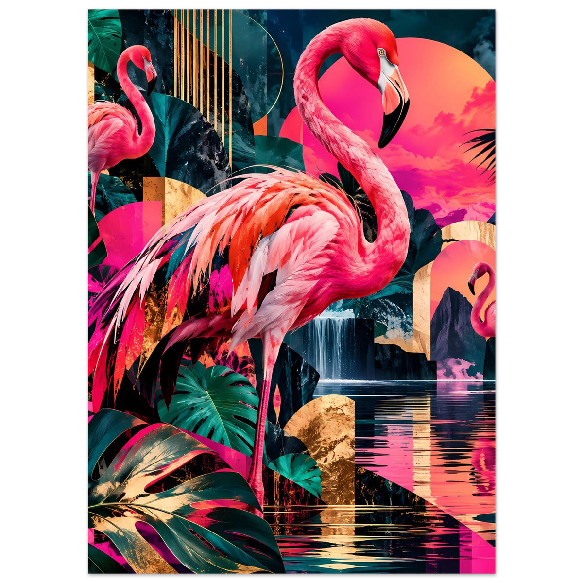 Poster mit pinkem Flamingo, gelb-rosa Himmel und Wasserfläche mit Farbspiegelung