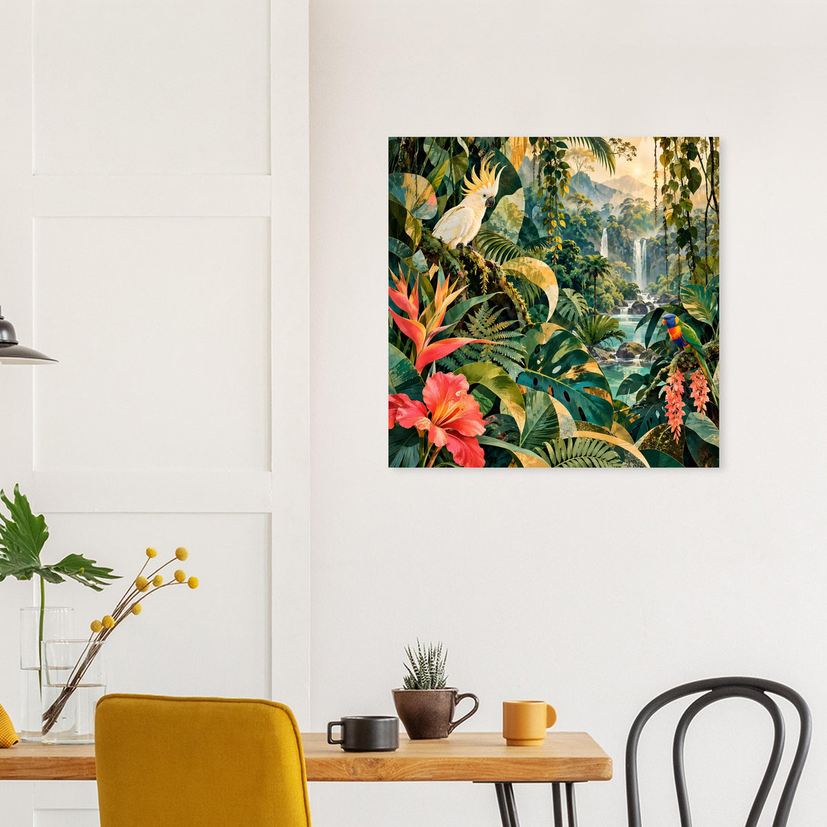 Quadratisches Motivposter mit tropischen Pflanzen und Papageien