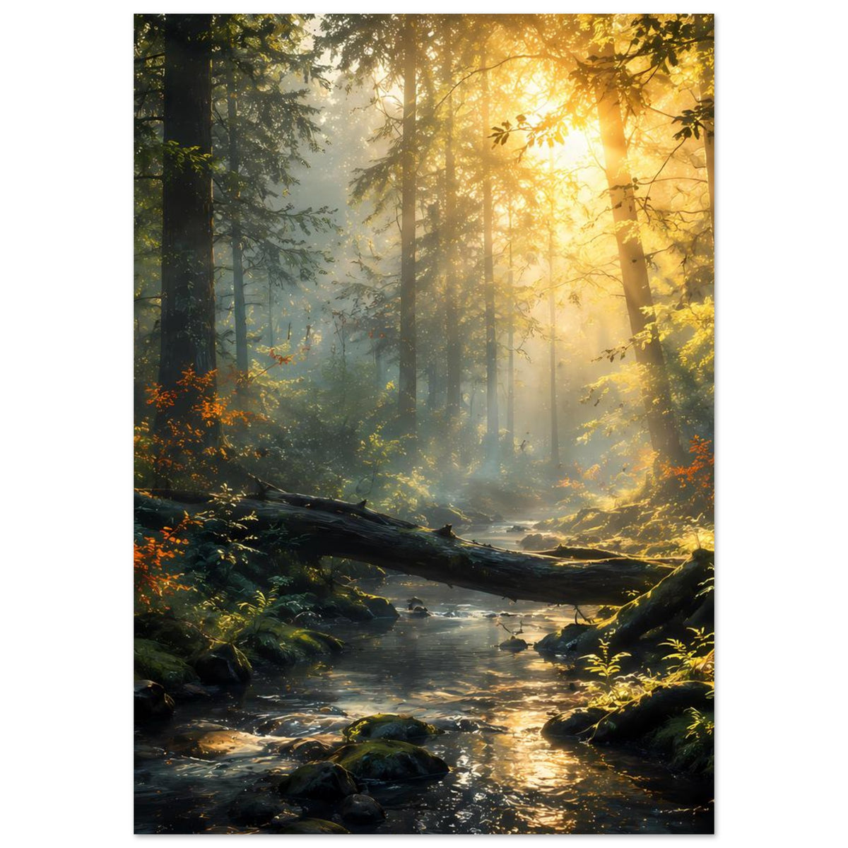 Vertikales Poster mit Waldfluss, leuchtendem Sonnenhimmel zwischen hohen Bäumen und Felsbrocken