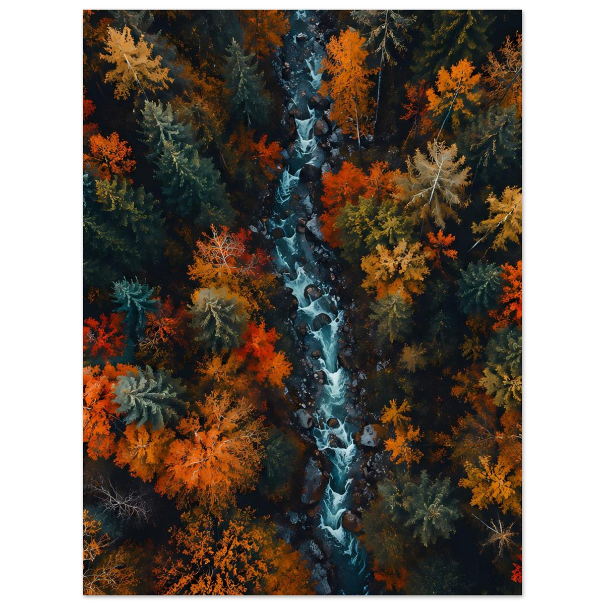 Herbstliches Flusswald-Poster mit blauem Wasserlauf und orangefarbenen Laubbäumen