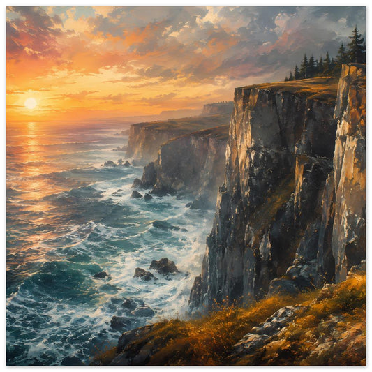 Poster mit Küstenklippen am Sonnenuntergang, Meer mit Wellen und Felsen