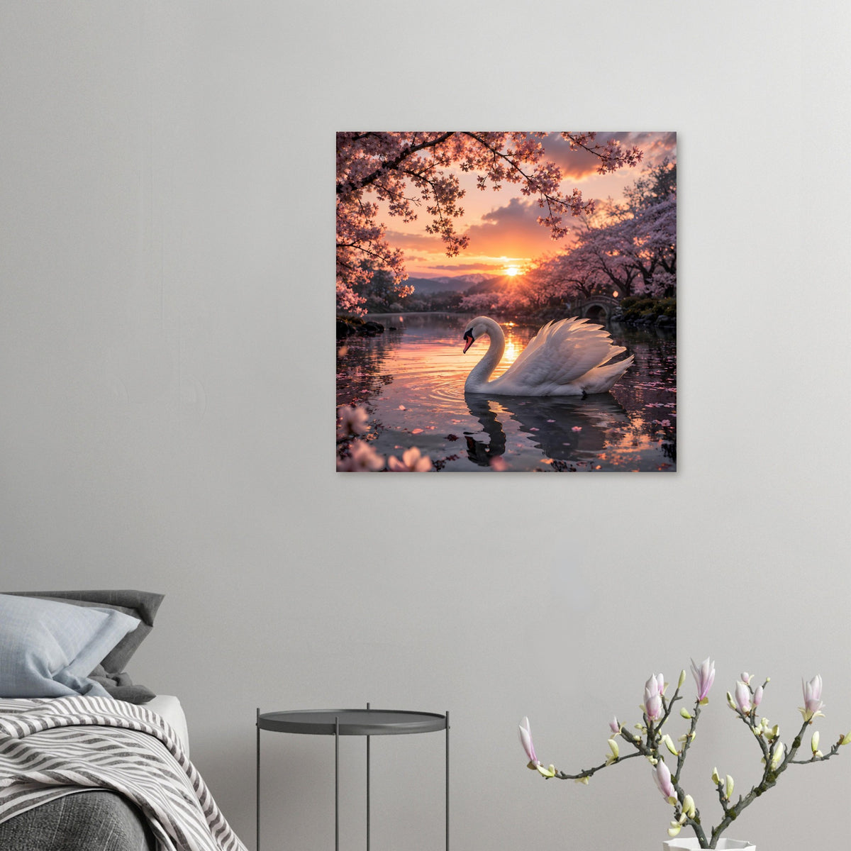 Poster: weißer Schwan auf See mit Sonnenuntergang, Blütenzweigen und Lichtreflexion