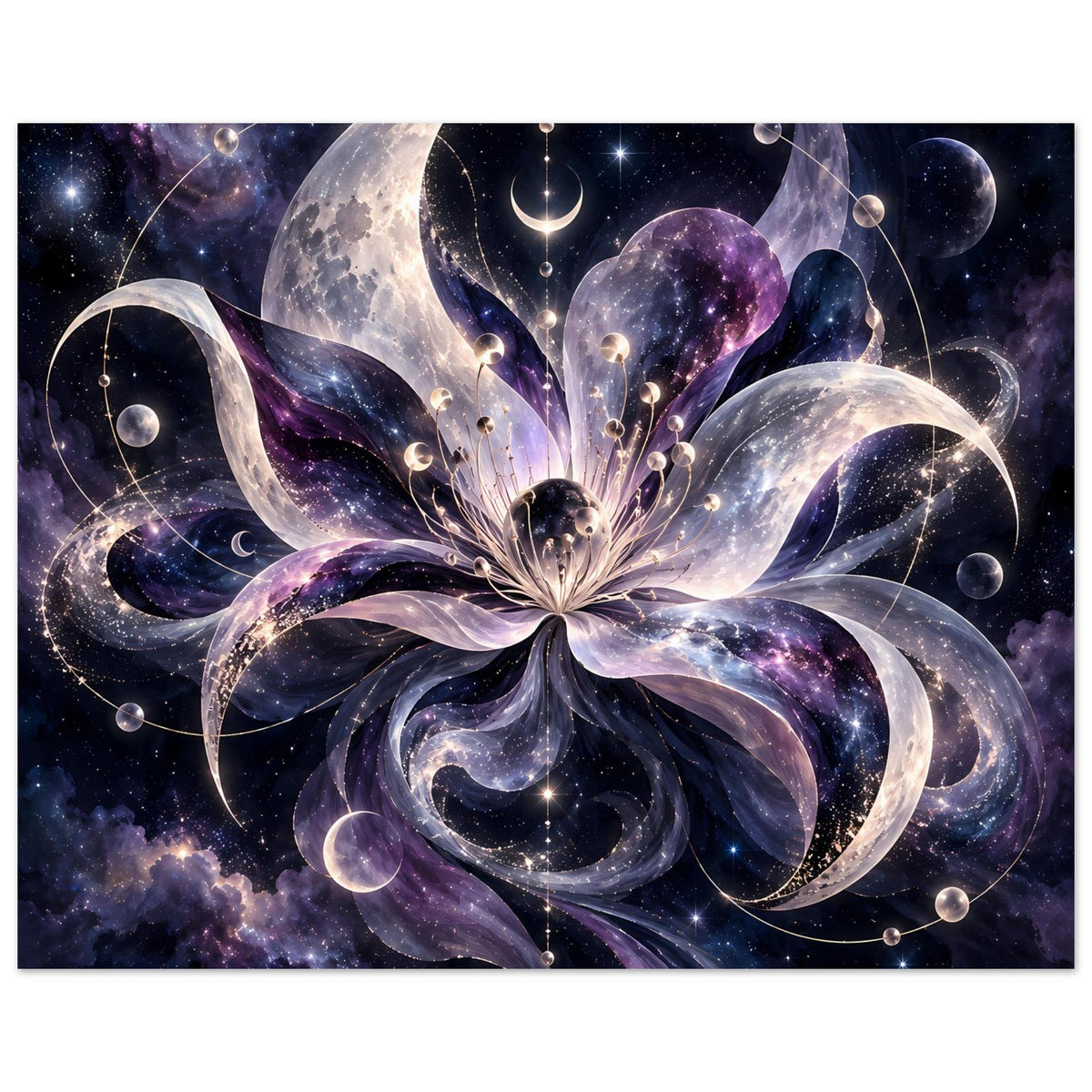 Kosmische Blüte mit Monden, Planeten und Sternen in violett-blauem Weltraum – Motivansicht 42