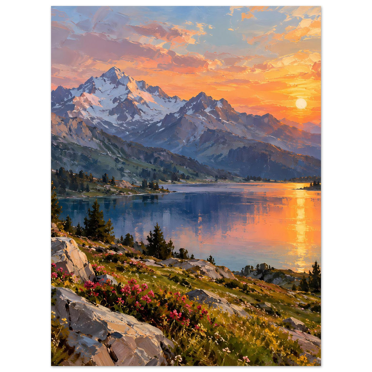 Poster mit Alpengebirge und ruhigem See bei Sonnenuntergang, orangefarbene Reflexionen im Wasser