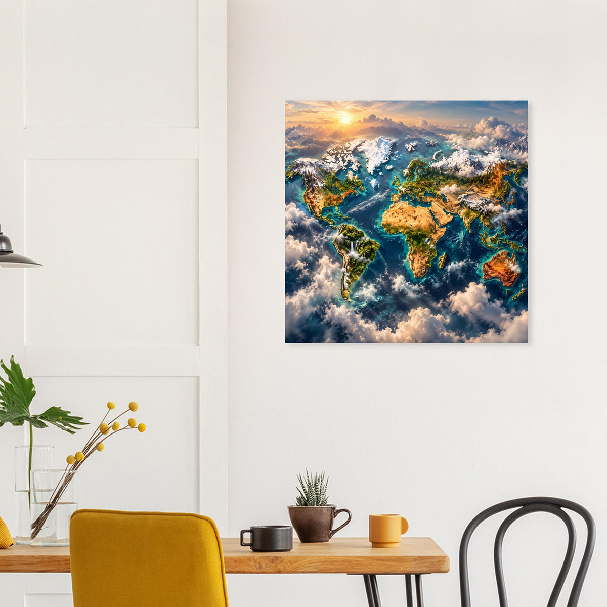 Weltkarten-Poster mit Weltkarte in Blau, Grün und Gelb, Sonnenaufgang, quadratisch