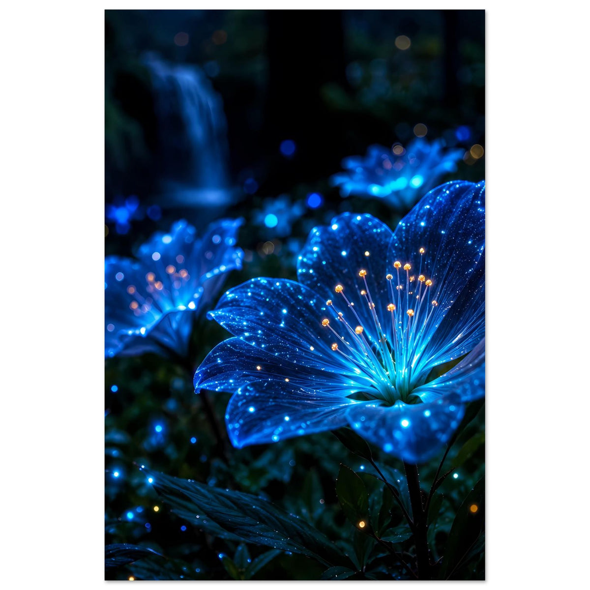 Poster mit blauer Blüte im Fokus und weiteren leuchtenden Blüten im Hintergrund