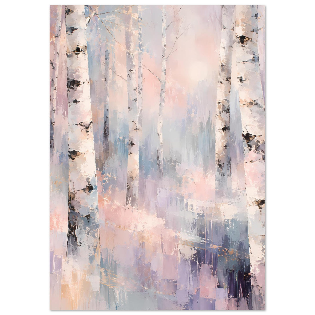 Naturposter mit Birkenwald in Pastell, Hochformat, helle Baumstämme mit Rindenstruktur