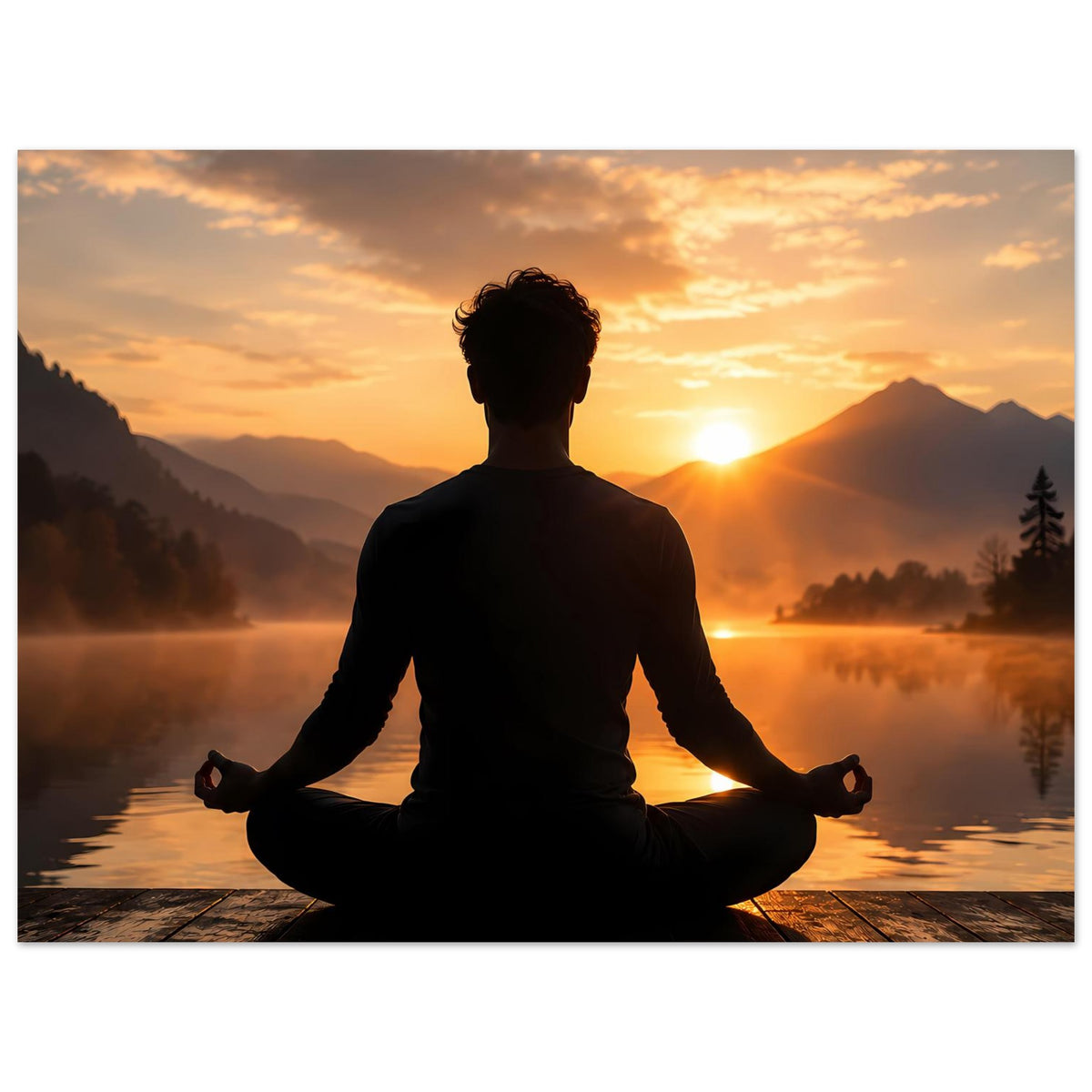 Meditations-Poster: Silhouette im Lotussitz vor aufgehendem Sonnenlicht über Landschaft