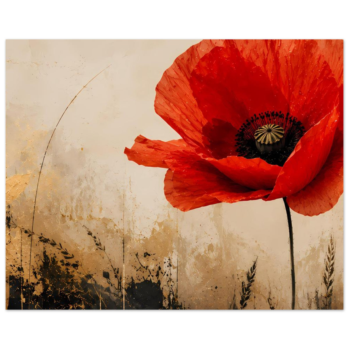 Poster mit leuchtend roter Mohnblume, dunklem Blütenkern und Stiel