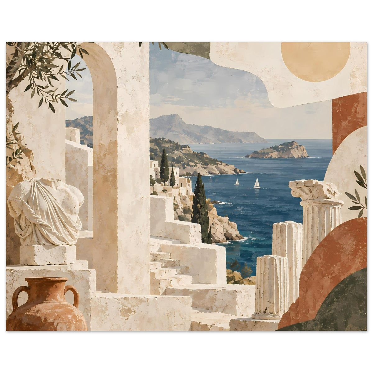 Urlaubs-Poster mit mediterraner Küste: historische Architektur, Säulen und Segel im Meer