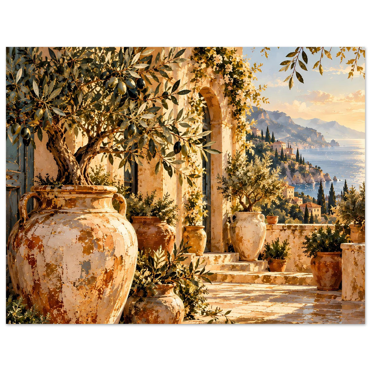 Poster zeigt mediterrane Terrasse mit Olivenbaum, Tonvasen und Landschaft mit Häusern und Bergen