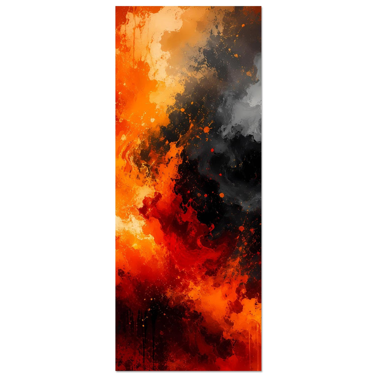 Vertikales Feuer-Rauch-Poster, orange/rot links, dunkelgrau rechts
