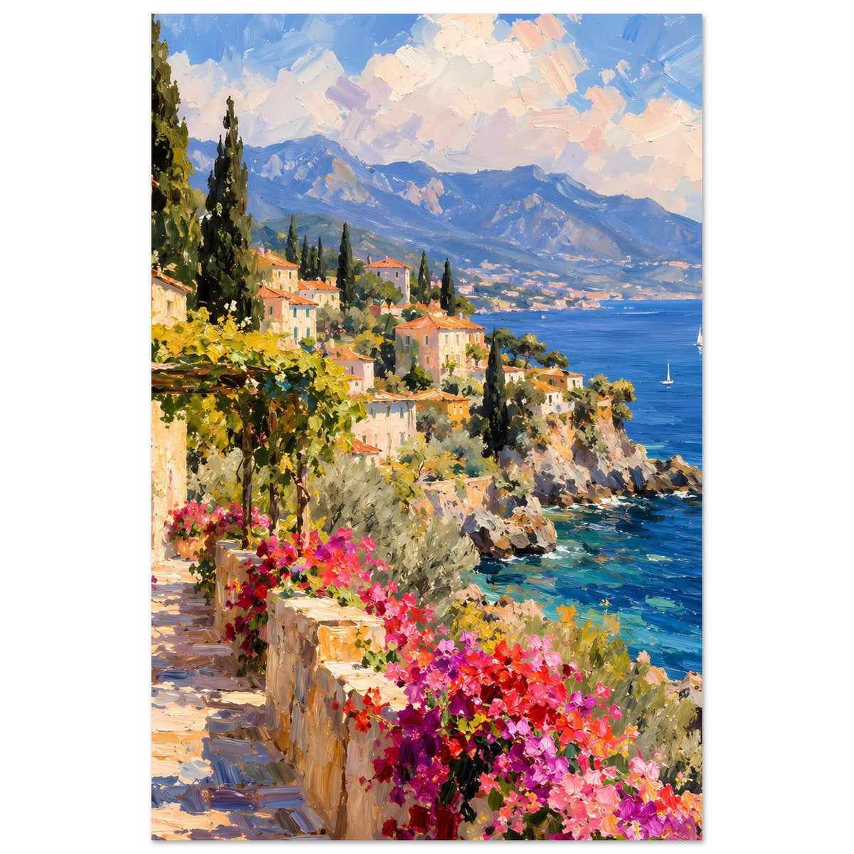 Kunstdruck-Poster mit mediterraner Küstenszene: Blumen, Häuser am Hang und blaues Meer