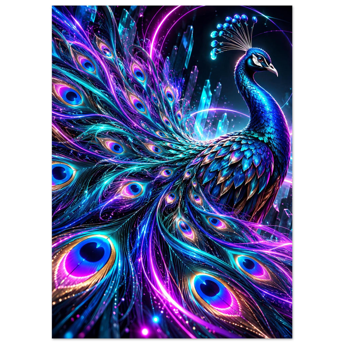 Neonfarbenes Pfau-Poster: blaues Gefieder, schimmernde Federaugen und pink-blaue Leuchteffekte
