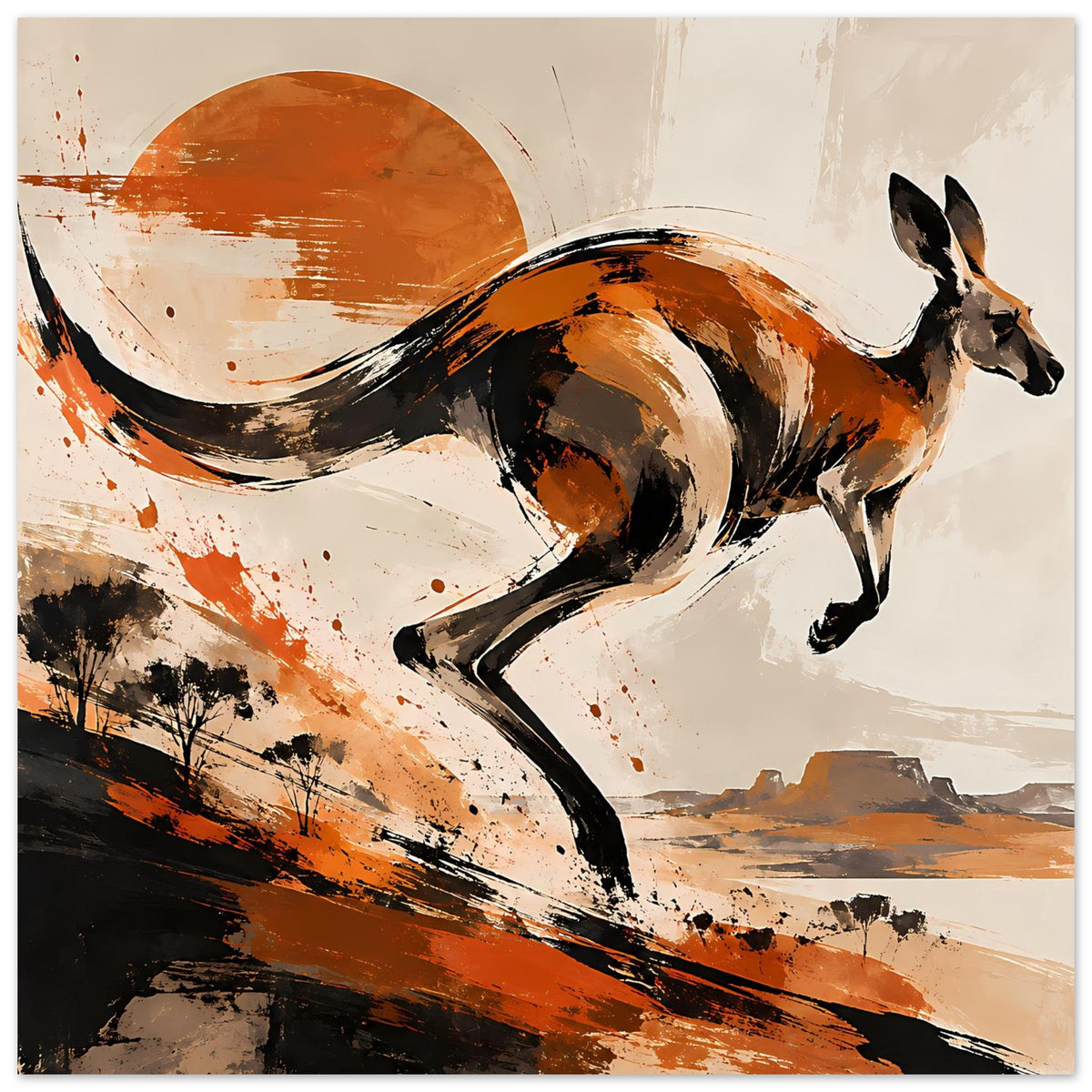 Horizontales Poster: Känguru im Lauf, warme Orange- und Brauntöne mit schwarzen Strichen.