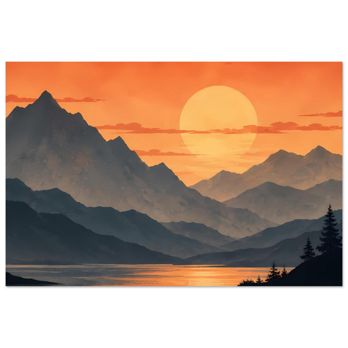 Wandposter mit orangefarbenem Sonnenuntergang, Bergkette, Seeufer und Tannen
