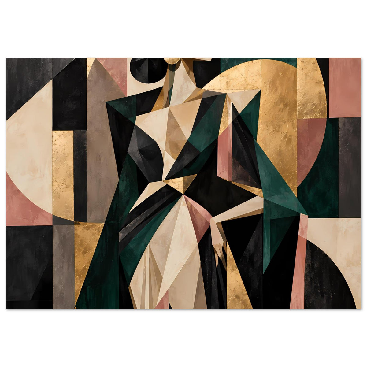 Abstraktes Poster mit geometrischen Formen in Dunkelgrün, Gold und Rosé