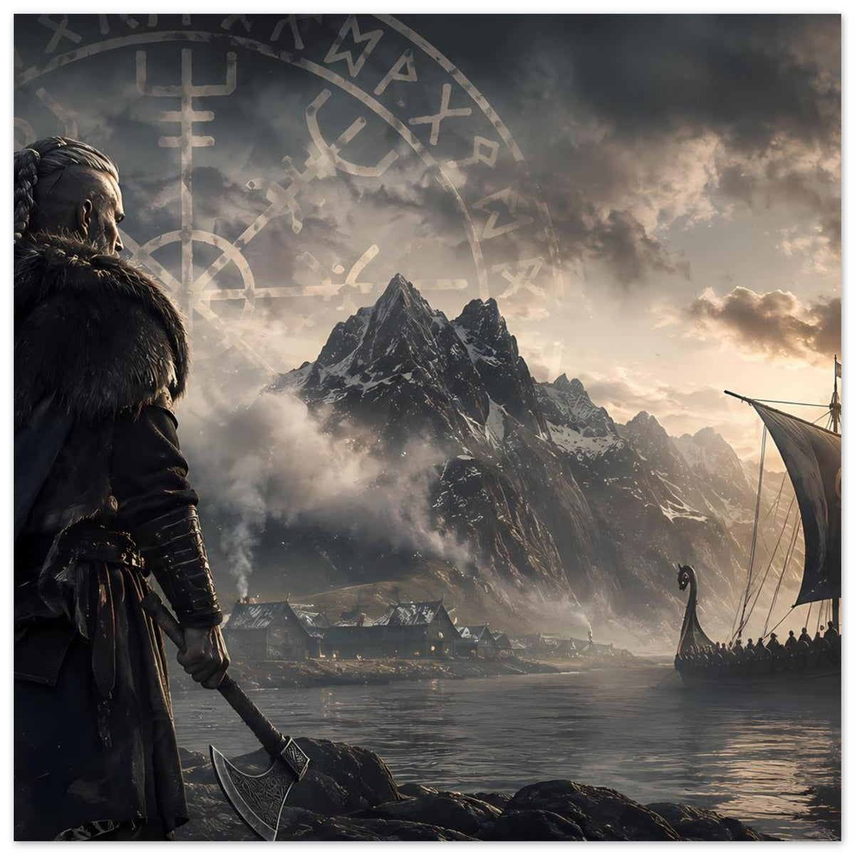 Poster mit Wikingerkrieger am Fjord, Langschiff und Runenkreis über Berglandschaft
