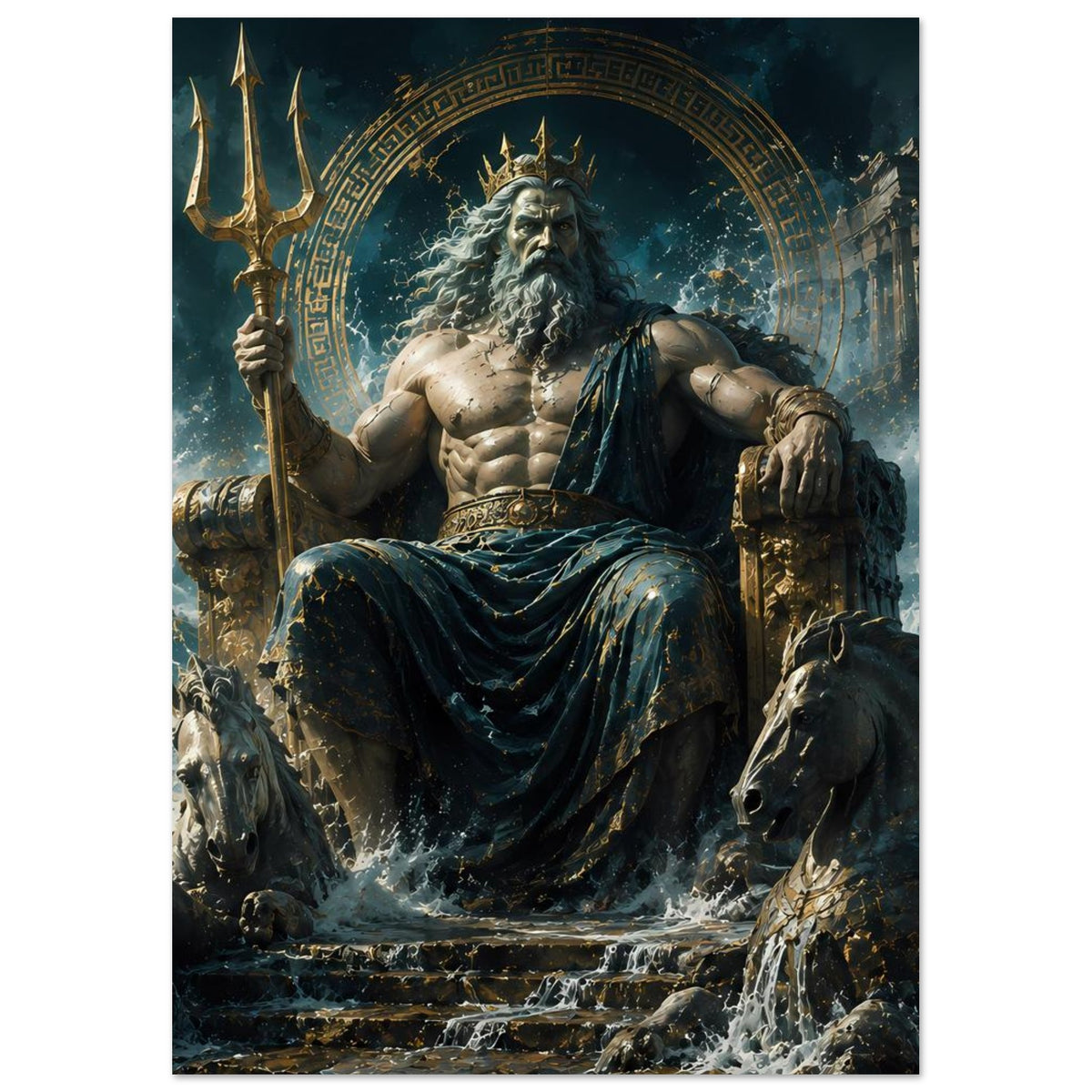 Poster mit Poseidon-Statue auf Thron, kreisförmiges Ornament, Meerwasser im Vordergrund