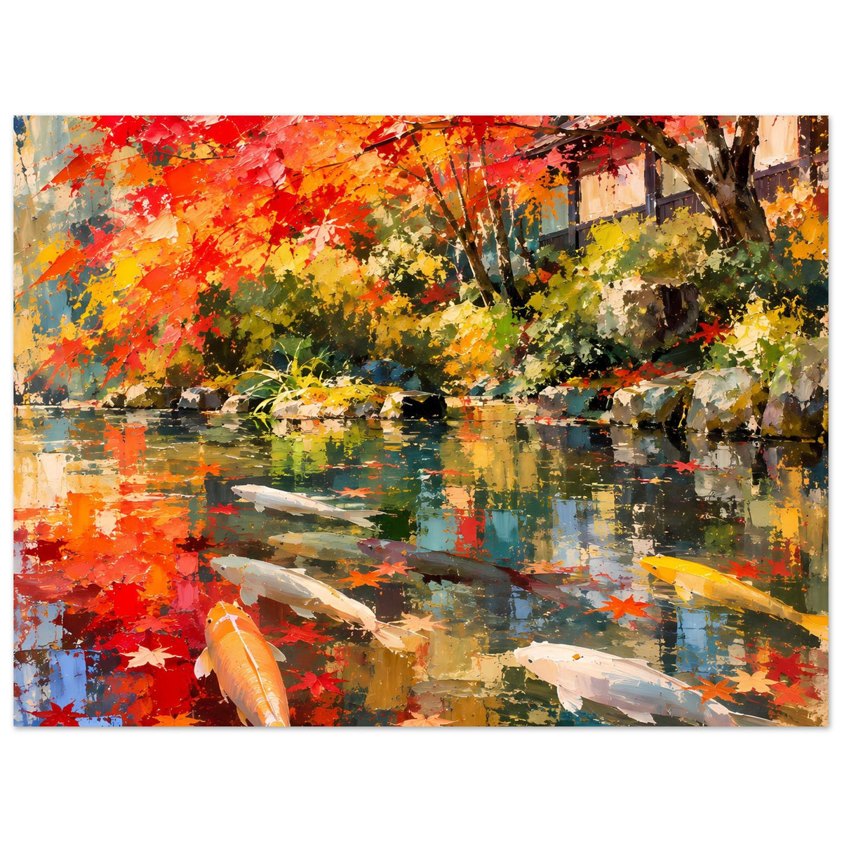 Herbstliches Koi-Teich-Poster: Koi-Fische im Vordergrund, orangefarbener Uferbereich und Spiegelbild