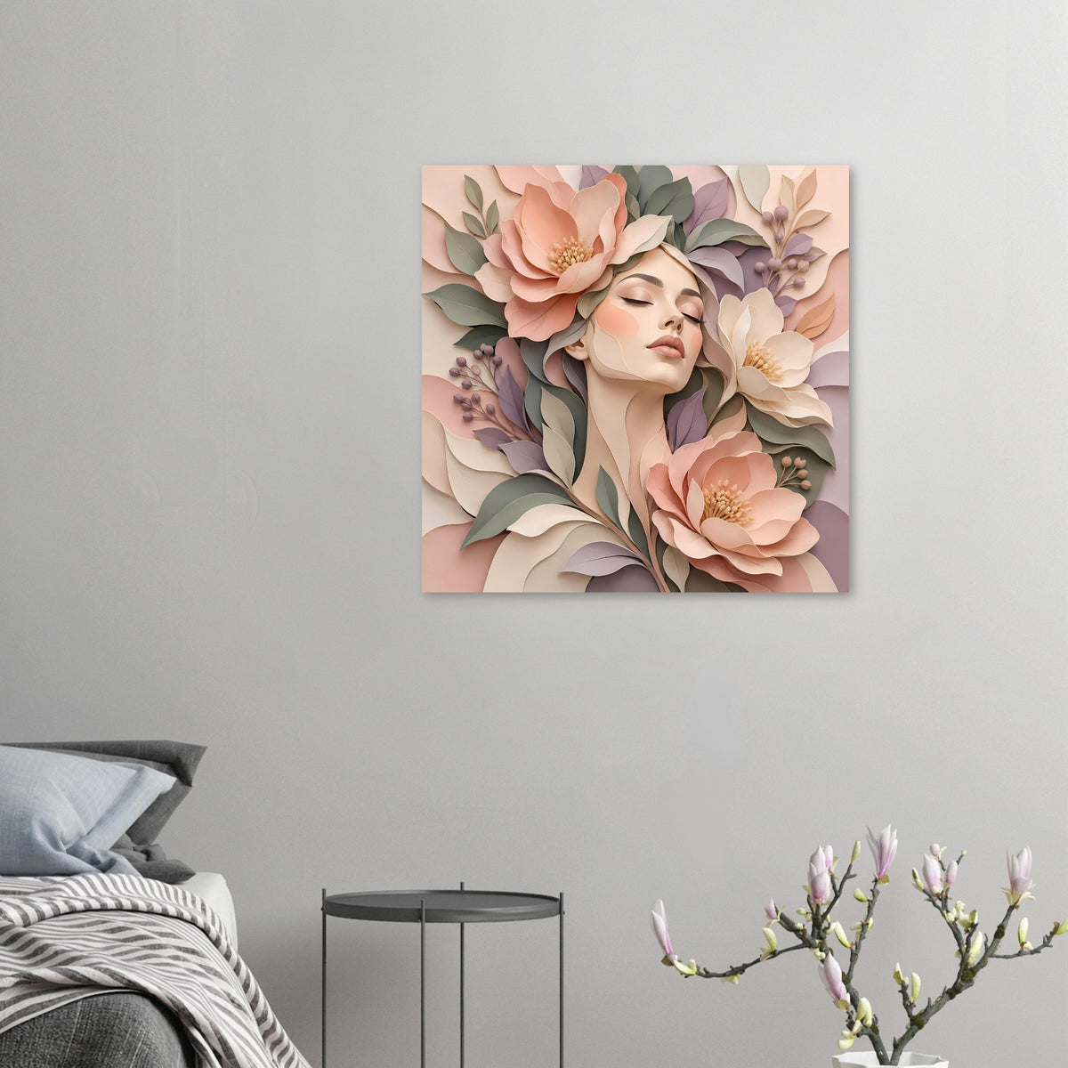 Kleines florales Portraitposter mit Frauenkopf und geschlossenen Augen, umgeben von Pastellblüten