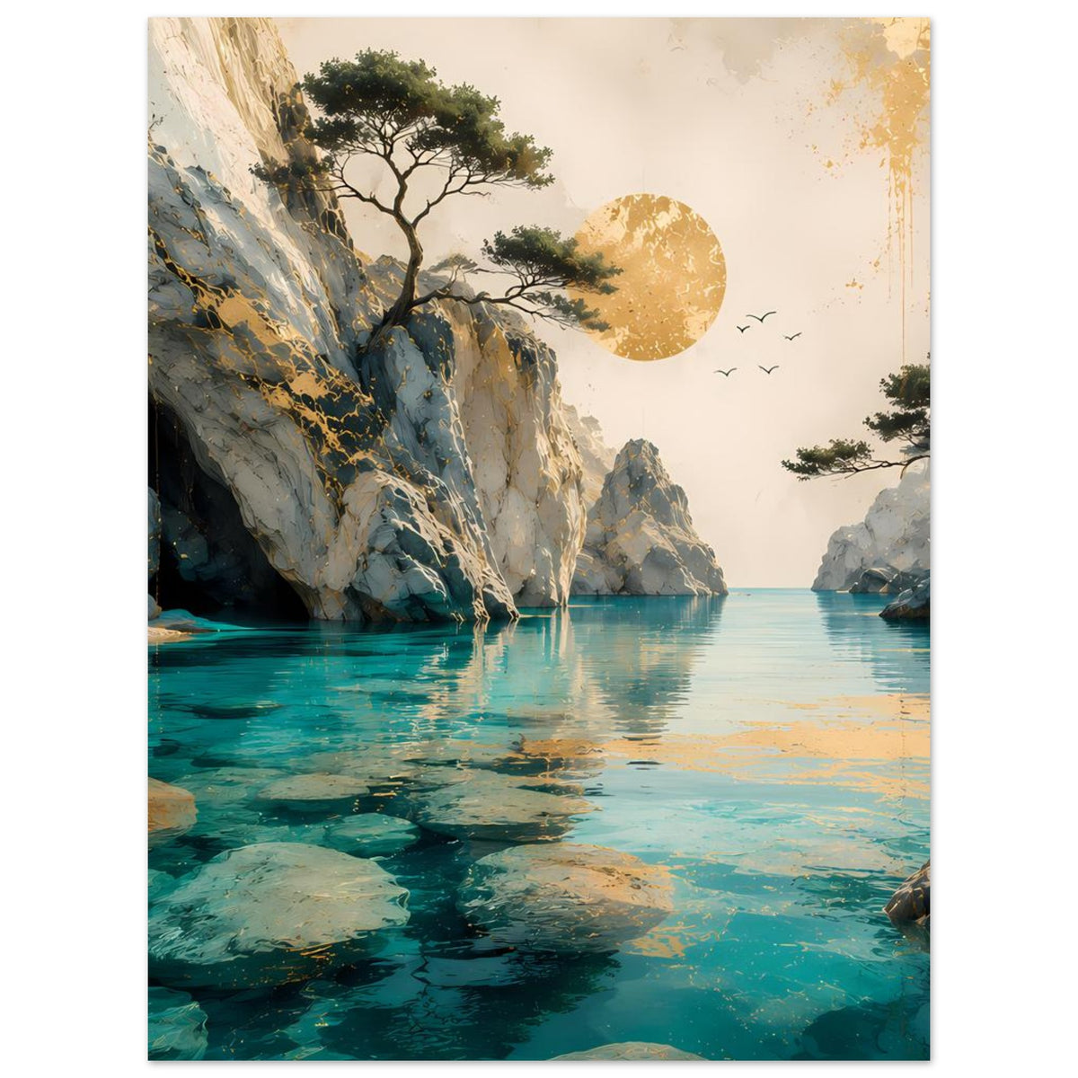 Poster mit Küstenlandschaft: hohe Felswände, ruhiges Wasser, goldene Sonne und Vögel