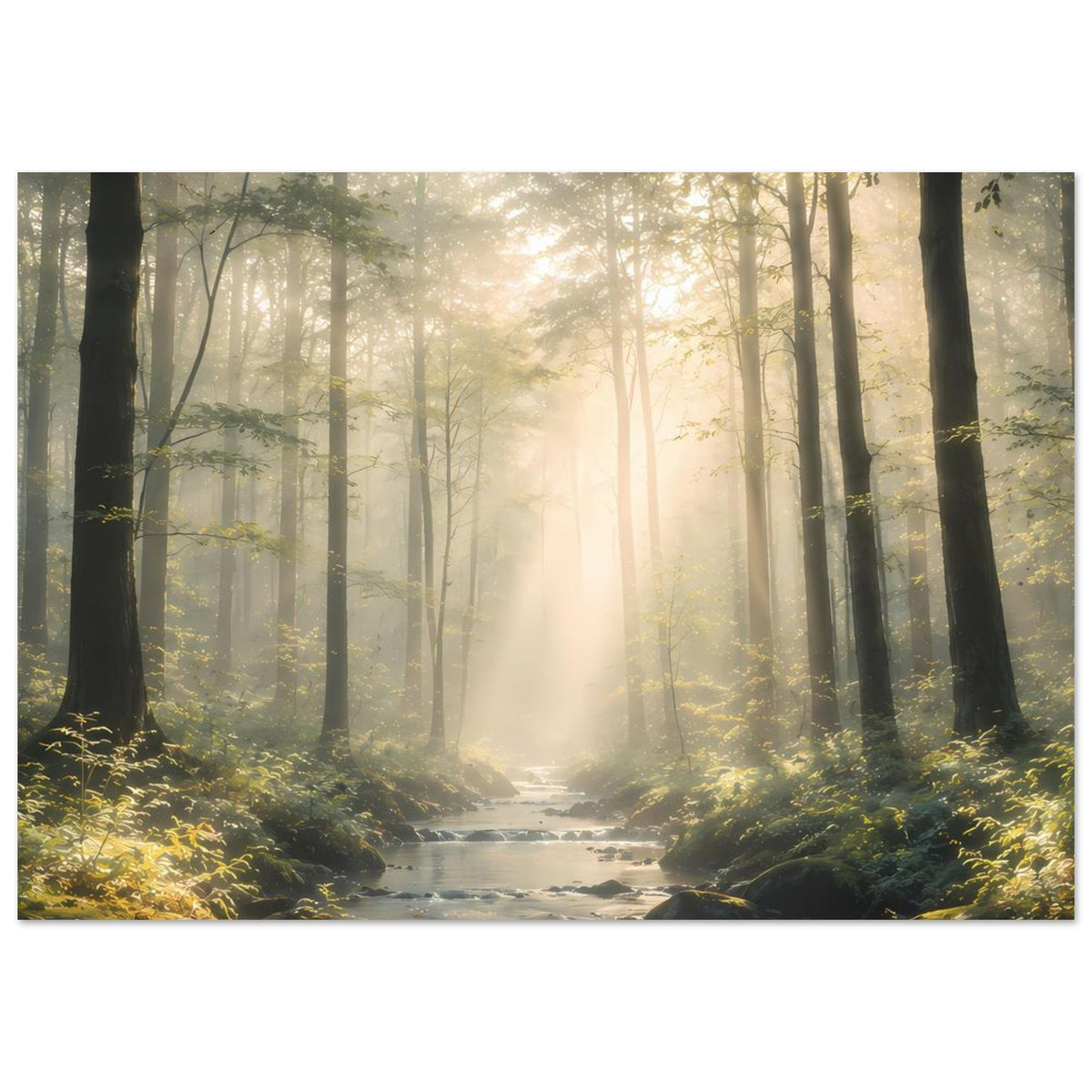 Naturposter im Wald: Lichtstrahlen fallen auf den Bachlauf, hohe Baumstämme