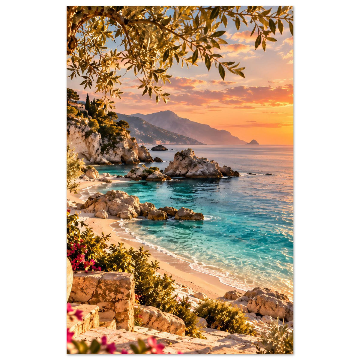 Strandposter im Hochformat mit Sonnenuntergang, Meerblick, Sandstrand und Pflanzen