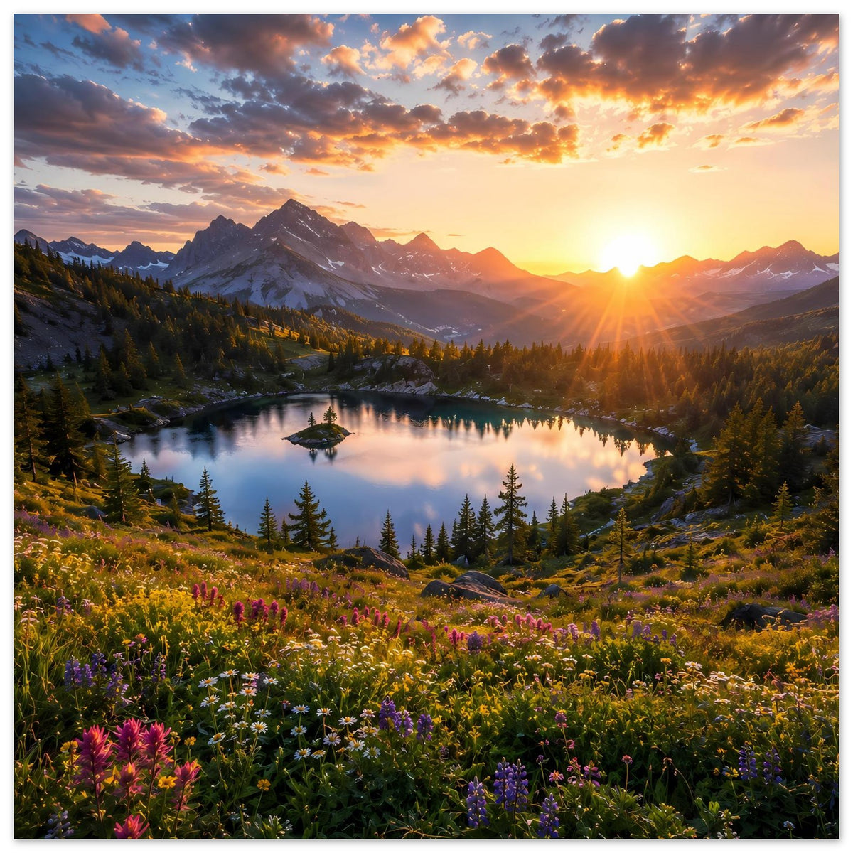 Poster im Querformat mit Sonnenuntergang, Bergsee, Fichtenwald und bunten Blüten
